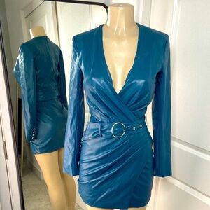 Elegant Blue green Faux Leather Jacket Dress Guess XS